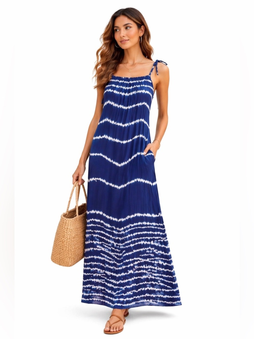 Ex Voto 100% Cotton Blue Tie Dye Maxi Dress Resort Coastal Boho Small